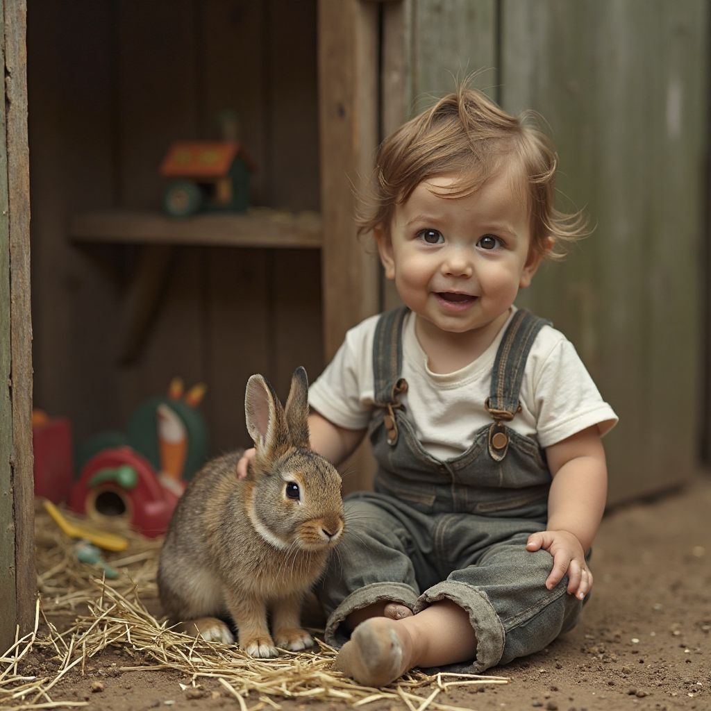Child with pet rabbit and habitat